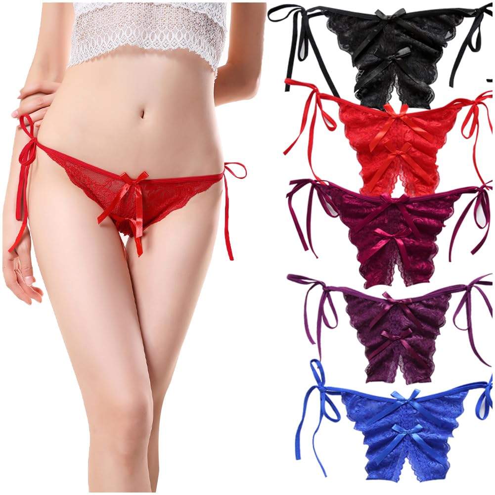 TUOTISI Lace Thongs with Side Panties with Side Adjustable Sexy Lingerie of Women's Strings, Holes, Ribbons, Thongs, (Set 5)