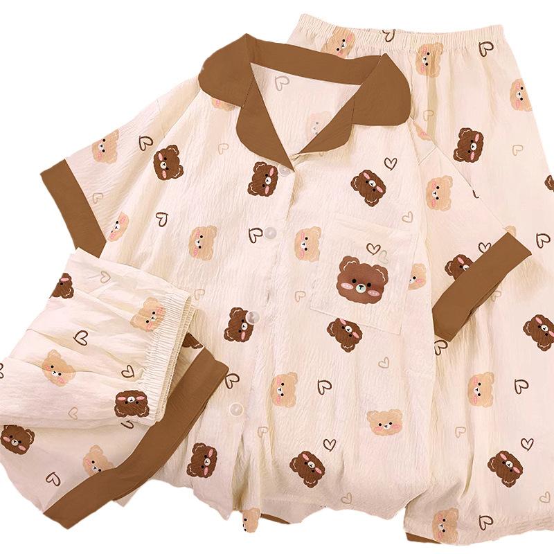 Cartoon Bear Mori Cloud Cotton Pajamas Women'S Summer Sweet Loungewear Short-Sleeved Three-Piece Set