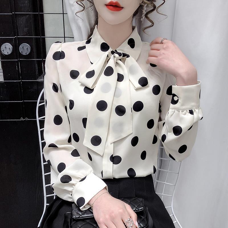 Women's Polka Dot Print Bow Elegant Chic Sweet Button Up Shirt Spring Autumn Casual Long Sleeve Office Ladies Blouse Top Blusas