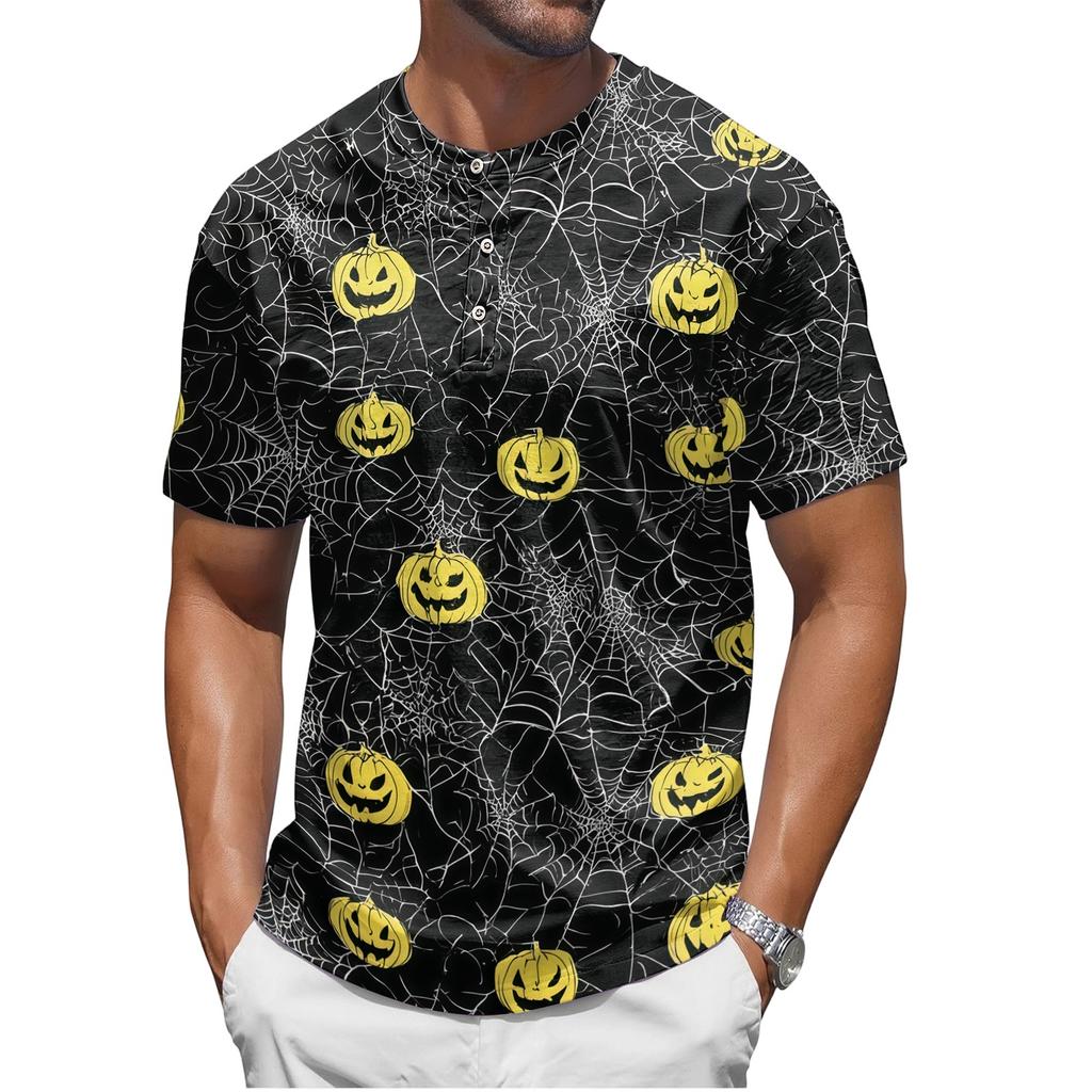 Men's Halloween Print Crew Neck Short Sleeve Top with Pumpkin and Web Pattern Casual Fit T Shirt for Daily Wear