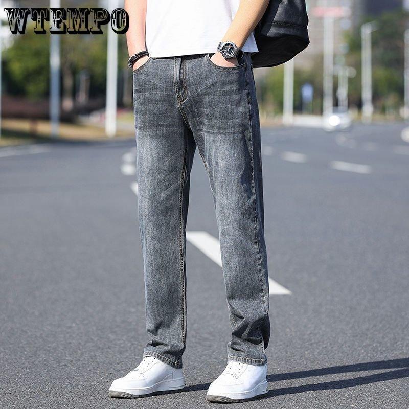 

Мужские джинсы, свободные прямые брюки, эластичные повседневные брюки большого размера, модные простые джинсы большого размера 40 темно-синий