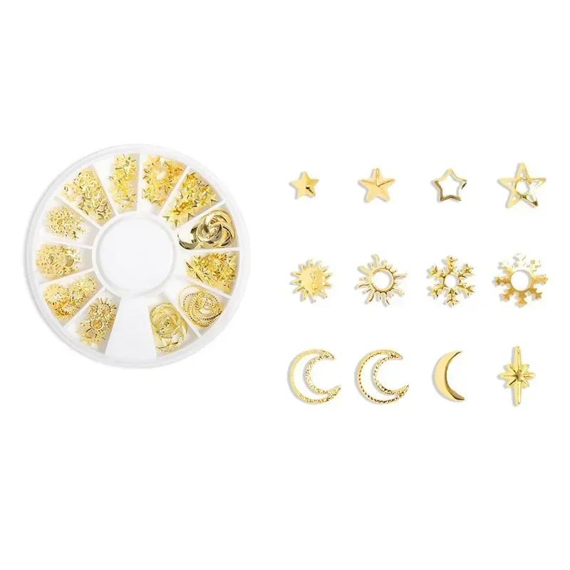 12 Grids Gold Star Moon Nail Art Charm 3DMetal Nail Rhinestones for Acrylic Nails Decoration Jewelry Making DIY Crafts Supply