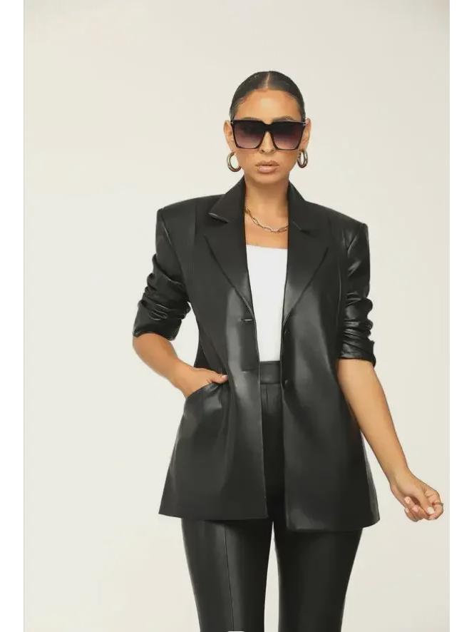 RC3090 Women's V-Neck Leather Split-Leg Pants Suit - European & American Style