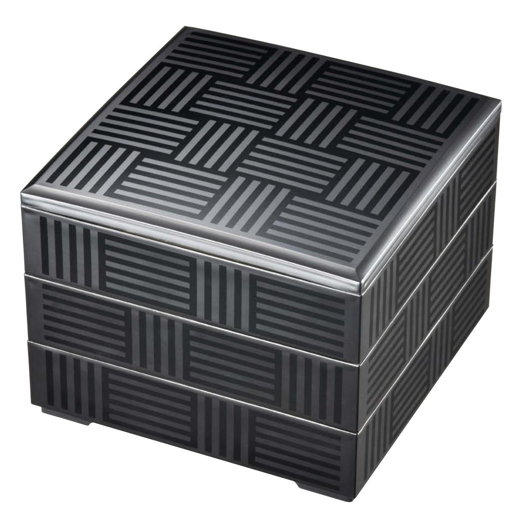 Wakaizumi Wakana Jubako Matte Checkered Pattern 3 Lacquerware, 7-inch (Wakana ju) Box, Black, (Inner Black), Tiers, H-157-28A