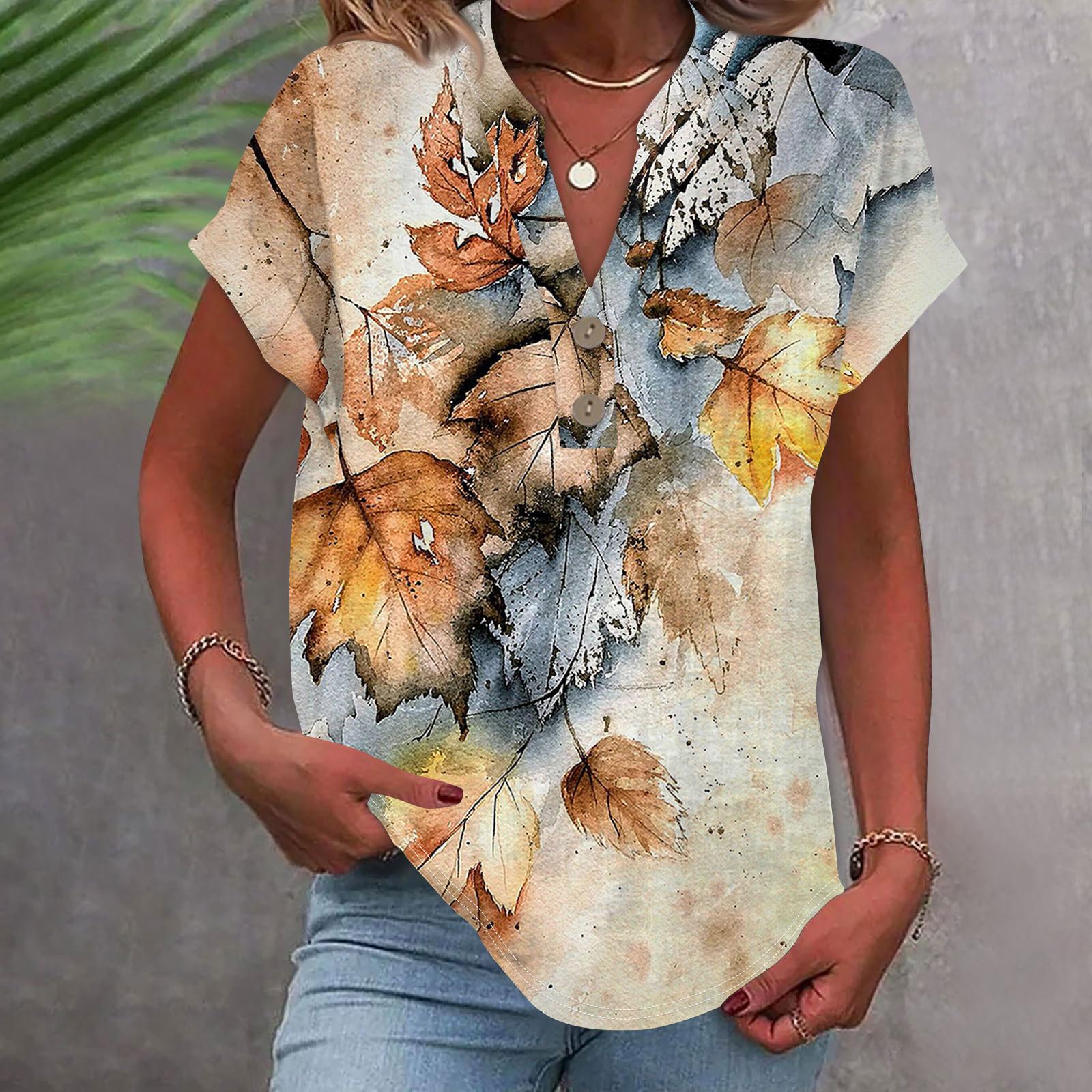 

Женская модная повседневная рубашка с v-образным вырезом и коротким рукавом с принтом, футболка на пуговицах, топ XXXL оранжевый