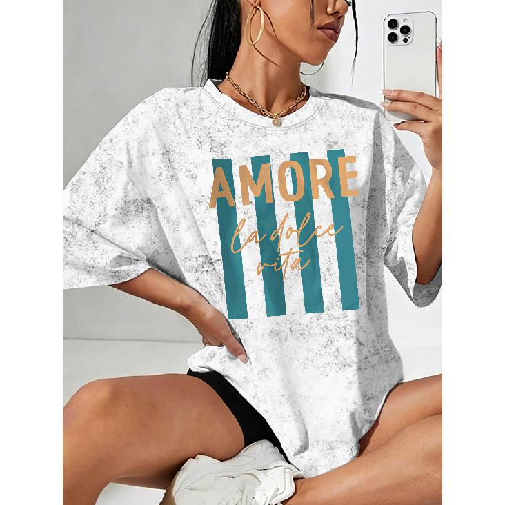 Summer New AMORE la dolce vita Letter-printed snowflake short-sleeve shirt T Shirt Top Round neck, light and breathable, suitable for spring, summer,