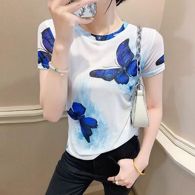 Westlicher Schmetterlingsdruck Kurzärmeliges Damenmode Eisseide Mesh Top Slim Fit Vielseitiges T-Shirt