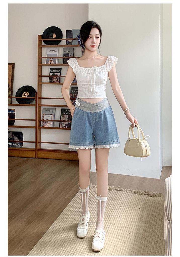 2026 New Style Tummy Support Maternity Denim Shorts with Lace Trim – Summer Wide-Leg Hot Pants