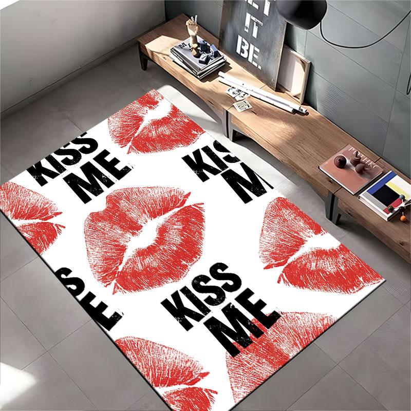 Red Lips Kiss Me Text Design suitable as a non-slip mat for the living room or bedroom sofa