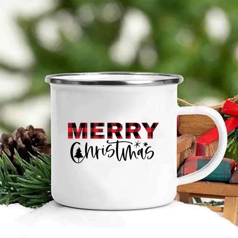 Merry Christmas Print Creative Enamel Coffee Tea Wine Drink Mug Dessert Hot Cocoa Milk Cup Cake Mugs Handle Drinkware Xmas Gifts