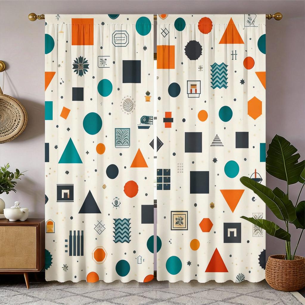 Geometric Curtains 2pcs – Red Black Yellow Abstract Shapes on White, Mid-Century Modern Decor for Living Room and Bedroom