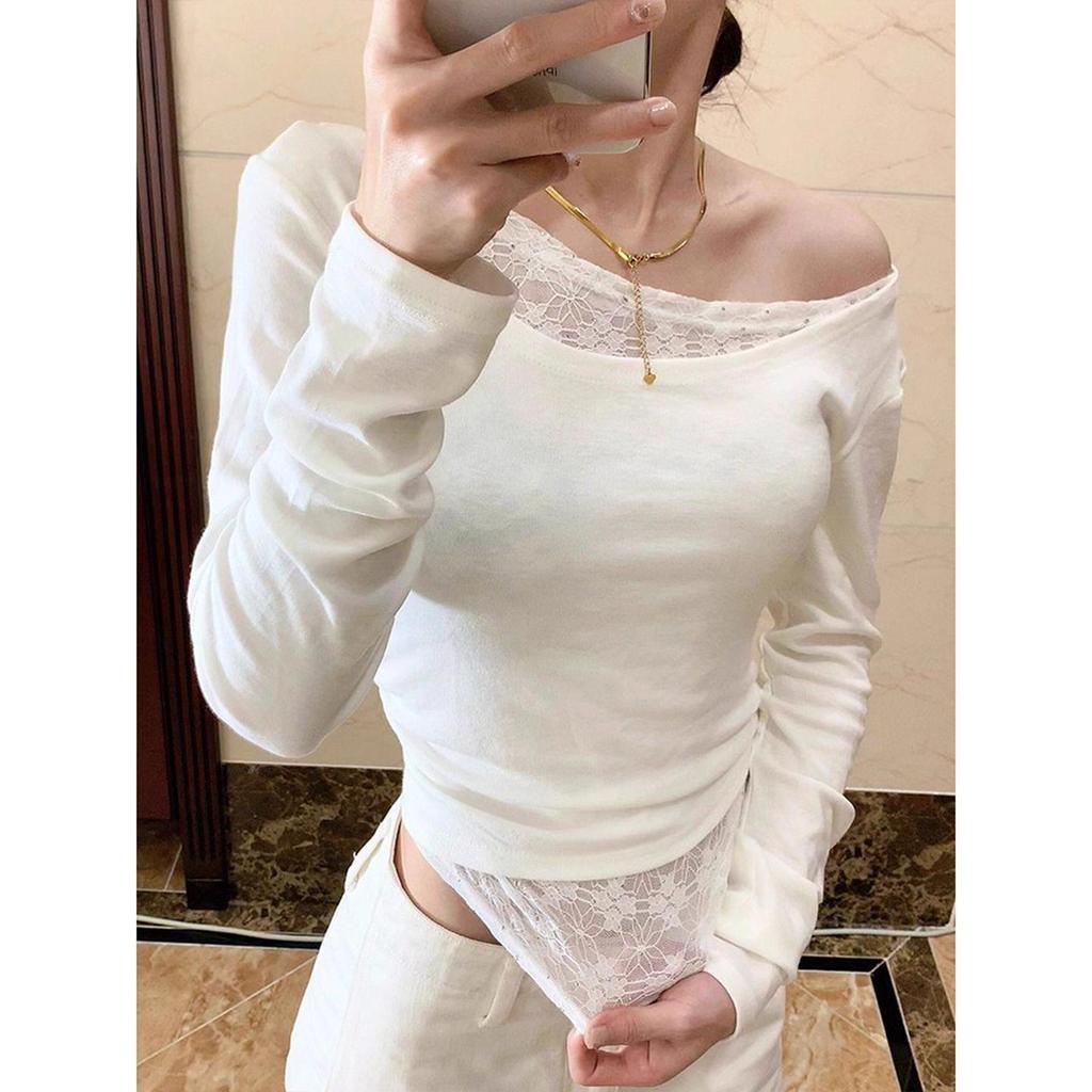 Elegant Lace Patchwork Off-Shoulder Slim-Fit Long-Sleeve Top for Women - Spring/Autumn Style