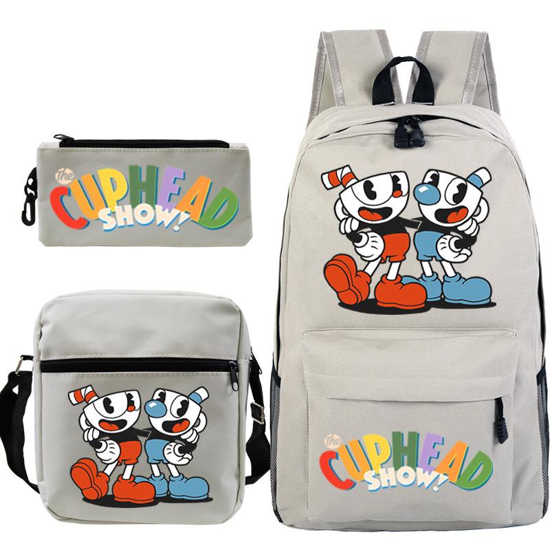 Cartoon Teacup Head Cuphead Student Backpack Oblique Span Bag Pencil Bag Primary And Secondary School Students Children'S Schoolbag Three-Piece Set