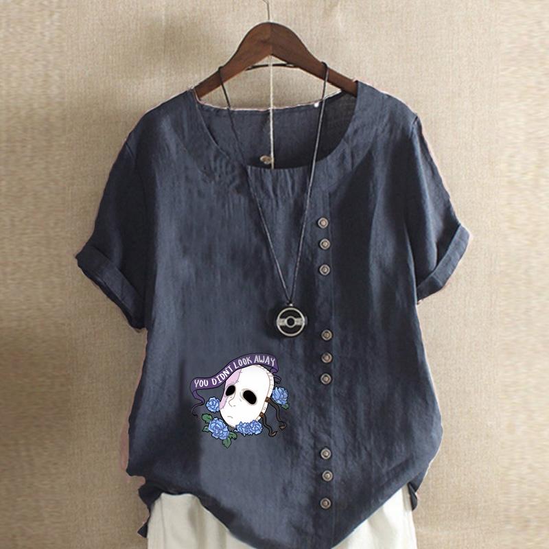 Women's Fashion Round Neck Short Sleeve T-shirt Casual Cotton Linen Graphic Shirt White Mask Prined Summer Blouse Tops Plus Size