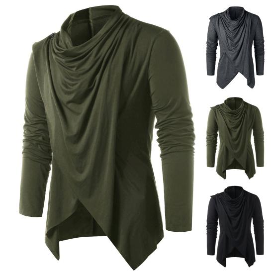 Men Autumn Shirt Vintage Long Sleeves Solid Color Asymmetrical Cardigan Warm Shawl Collar Medieval Breathable Men Autumn Tops for Daily Wear