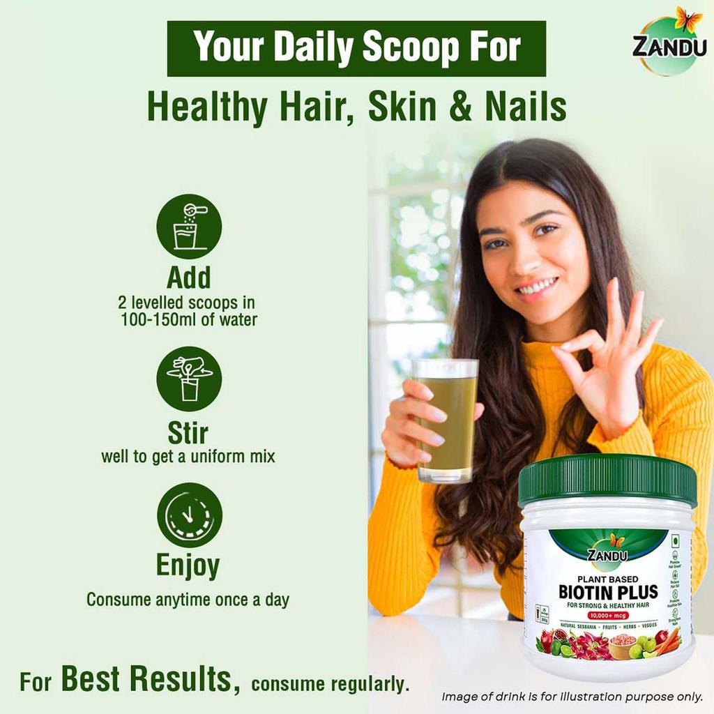 Zandu Plant Based Biotin Plus Powder 200 g Ayurvedic Hair Skin Nail Nutrition Blend With Sesbania Gluten Free Supplement