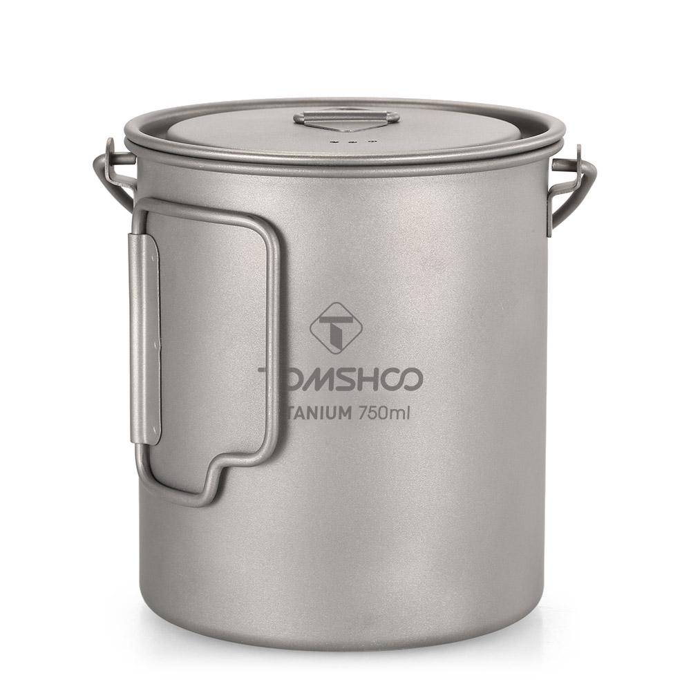 TOMSHOO Ultralight 750ml Titanium Pot Portable Titanium Water Mug Cup with Lid and Foldable Handle Outdoor Camping Cooking Picni