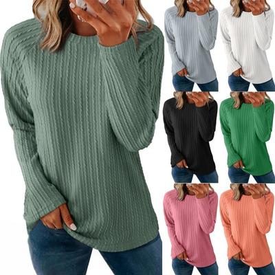 Blusas y camisas de manga larga con cuello en O y estampado de color sólido informal a la moda para mujer