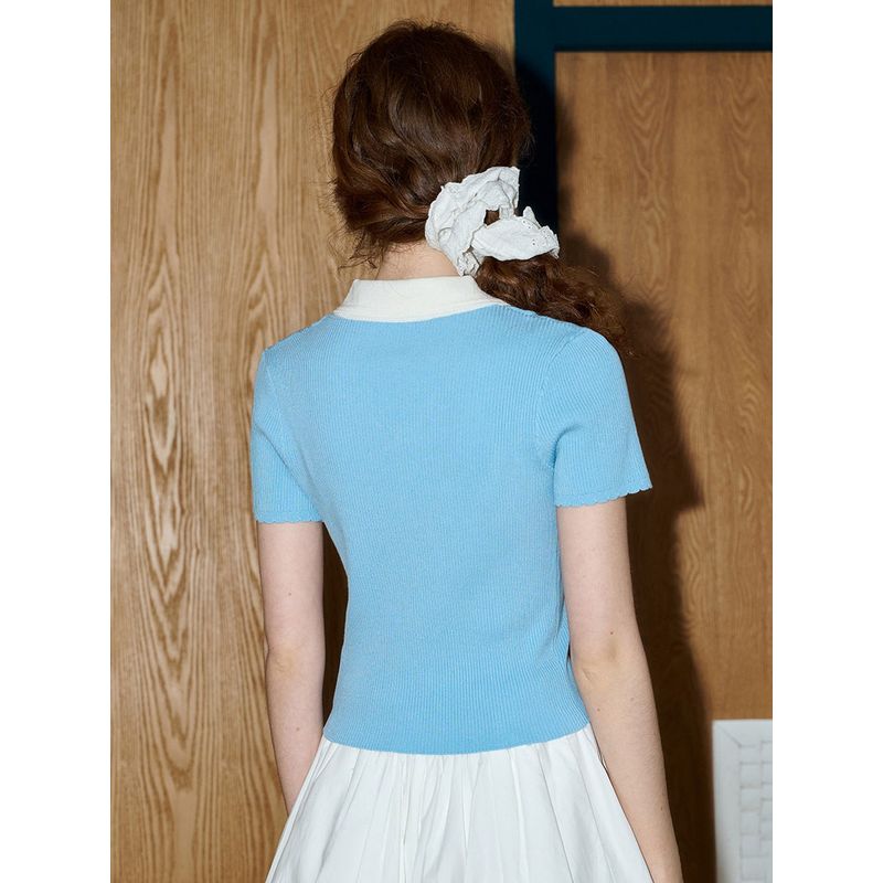 Coolhut Color-Blocked Fake Two-Piece Short-Sleeved Shirt with a Preppy Design, Versatile Knit Top for Women in the Summer of 2025