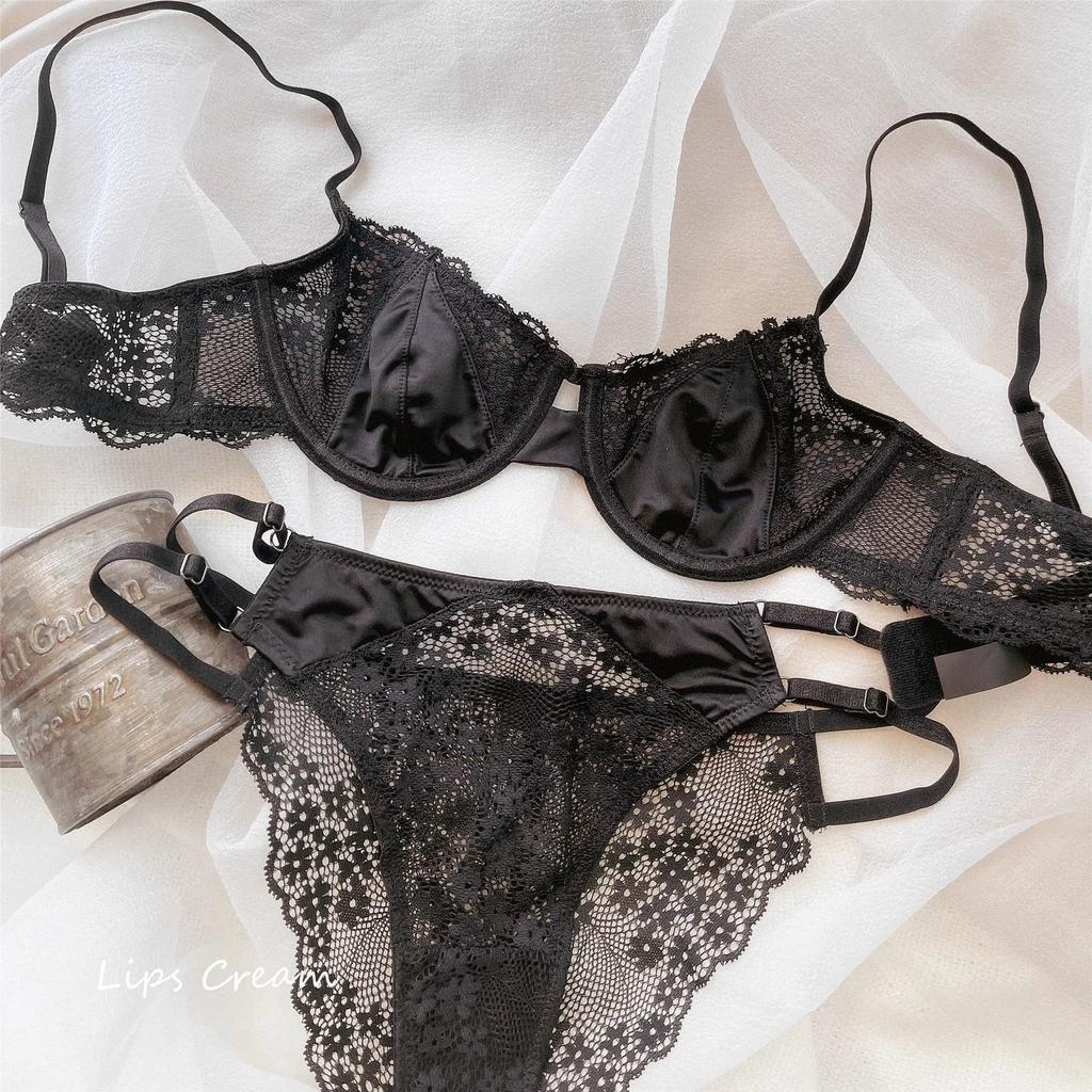 French Coquette Lace Soft Underwire Bra Set, Half Cup Push Up Back Beauty Small Bust Women Lingerie Set