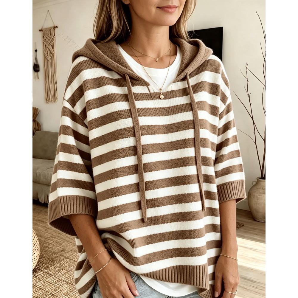 Women's New Hooded Drawstring Knit Sweatshirt Loose Long Sleeve Striped Pullover Sweater