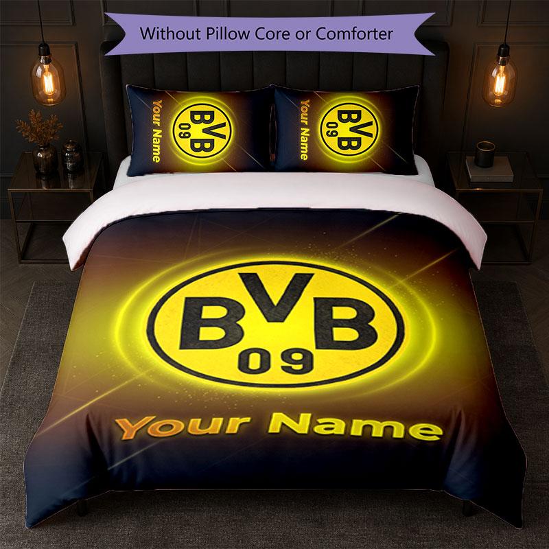 Set Biancheria da Letto Personalizzato Borussia Dortmund con Nome Testo 1 Copripiumino+2 Federe Logo Calcio Regalo Personalizzato per Occasioni Speciali Decorazione Camera da Letto