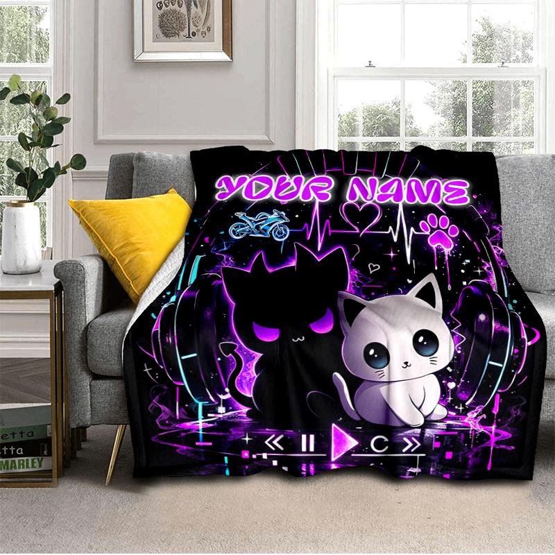 1PC Custom Name Neon Cat Dreamscape Flannel Blanket Versatile,all-season Throw Suitable for the Living Room,bedroom,camping,travel,and Gift
