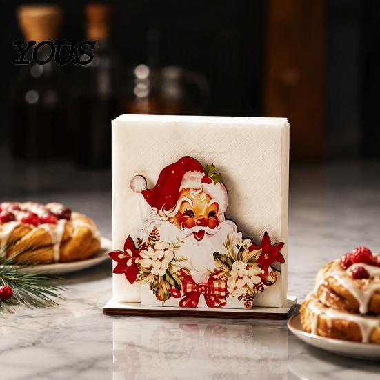 Kitchen Countertop Organizer Christmas Napkin Holder, Wooden Tissue Dispenser, Cute Santa Claus Xmas Atmosphere Decor Tree Freestanding Cocktail