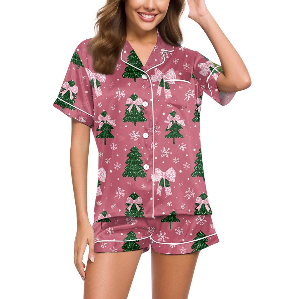 Dammode Lös Casual Topp Shorts Tvådelad Set Jul Tryckt Pyjamas Set