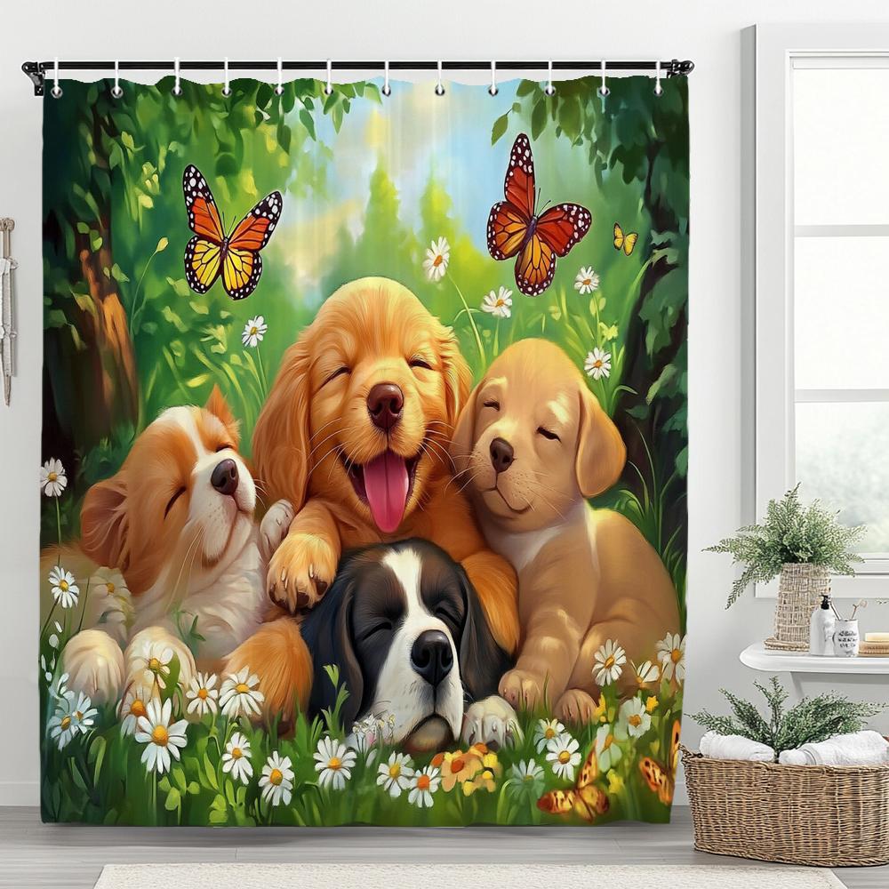 3D Printed Cute Puppies Shower Curtain Lovely Cartoon Animal Bathroom Decorative Curtain, Printed Home Curtain with 12 Hooks