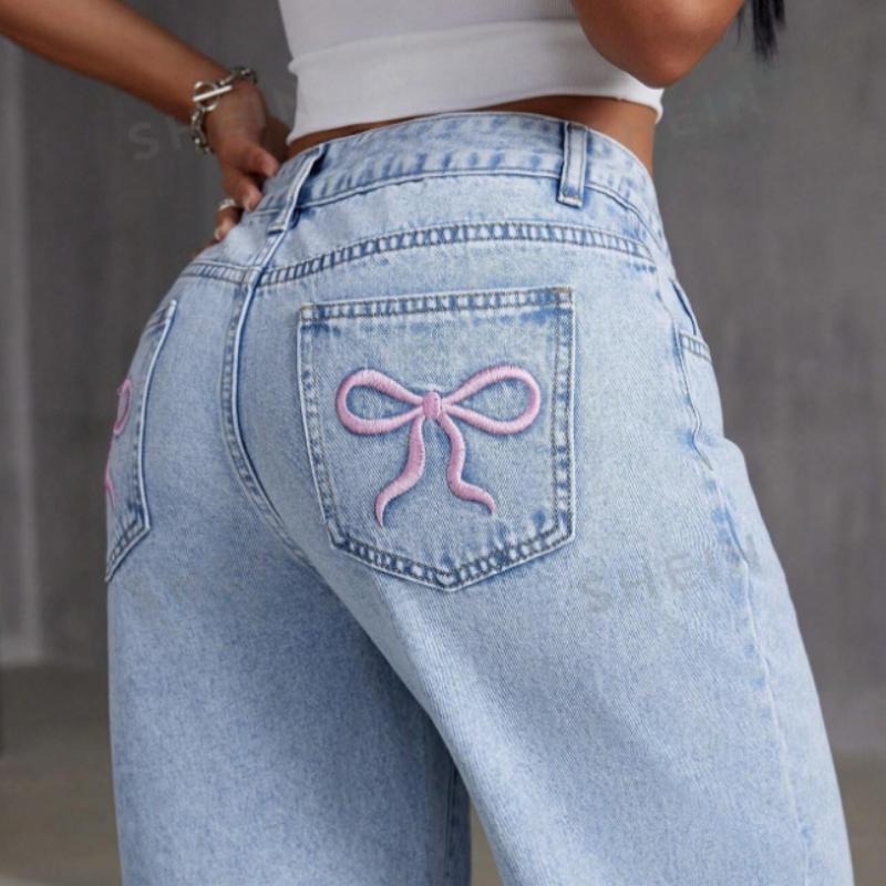 European and American Spring and Autumn Bow Embroidered Jeans for Women High Waist Straight Trousers