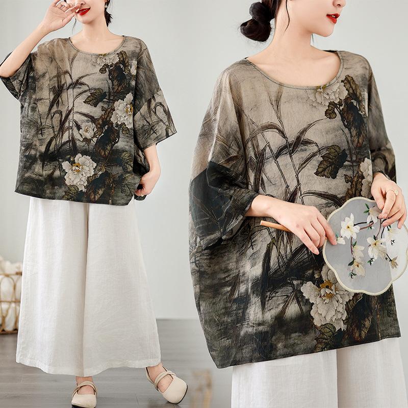 Ethnic Style Summer Cotton Linen Blouse Ethnic Style Bat Sleeve Loose Large Round Neck Comfortable T-shirt for Women