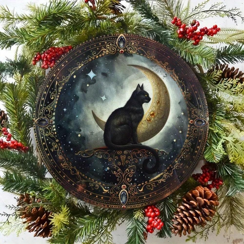 Retro Moonlight Black Cat with Golden Crescent Metal Tin Sign 20x20