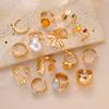 14Pcs Gold Color Floral Pearl Gemstone Ring Set For Women Vintage Irregular Lava Texture Stackable Finger Rings Trendy Jewelry