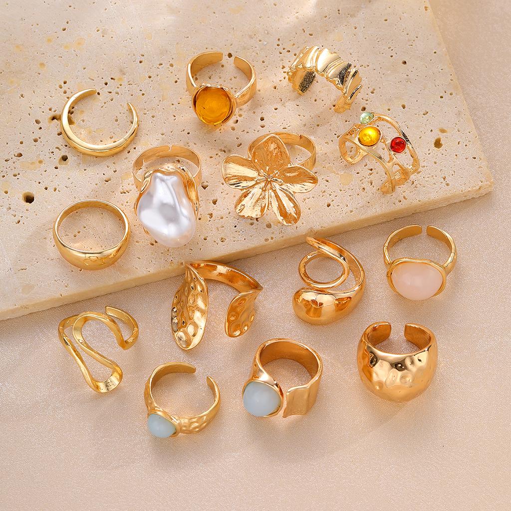 14Pcs Gold Color Floral Pearl Gemstone Ring Set For Women Vintage Irregular Lava Texture Stackable Finger Rings Trendy Jewelry