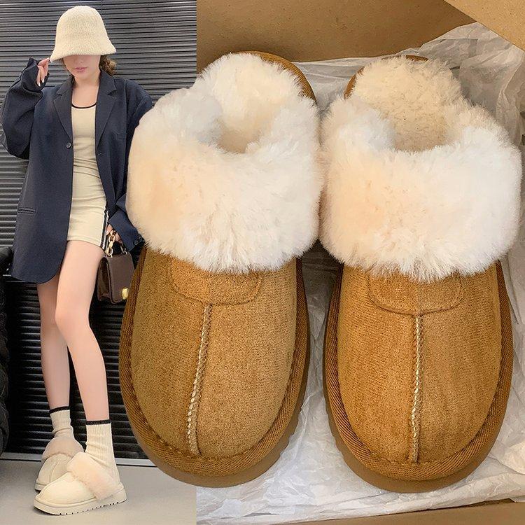 Fur integrated fluff slippers women's outer wear 2025 new bag head thick-soled snow boots heightened half-tow wool slippers
