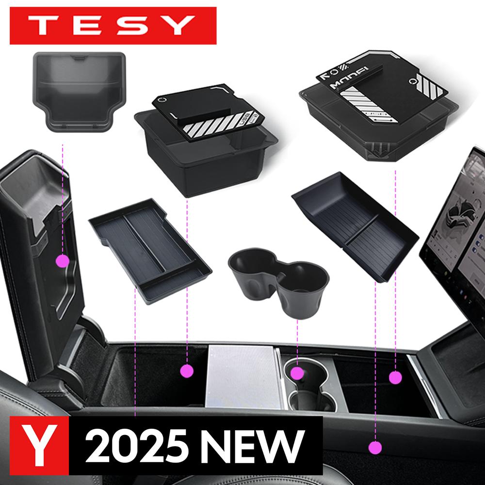 Console & Armrest Storage Box For Tesla New Model Y 2025 Juniper Launch ABS with Silicone Non-slip Mat Upper and Lower Watercup