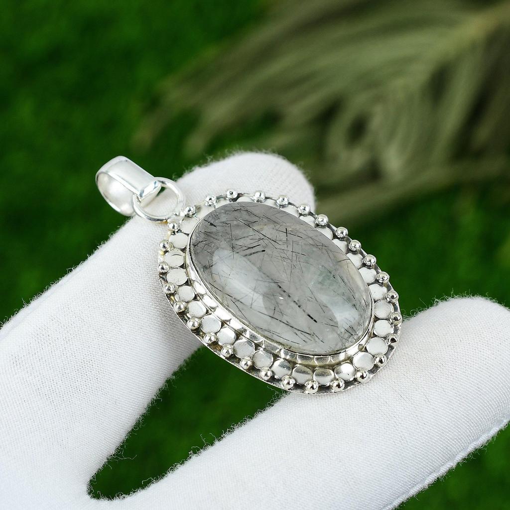 Natural Black Rutile Gemstone Jewelry 925 Sterling Silver Pendant For Girls