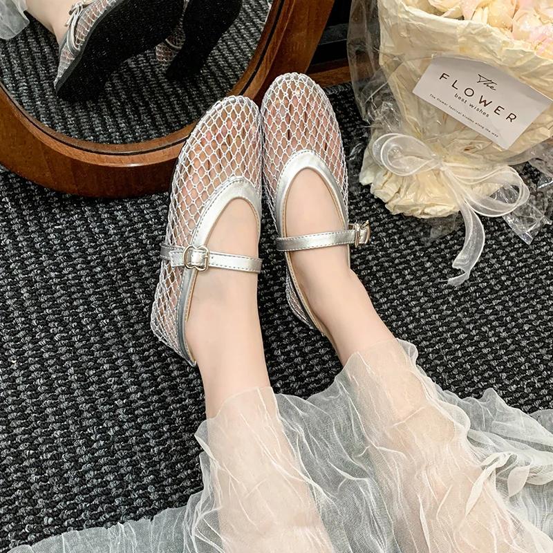 Fashion Mesh Ballet Shoes Women's Spring and Summer New Round Toe Shallow Mouth Cutout Mesh Breathable Flat Sandals