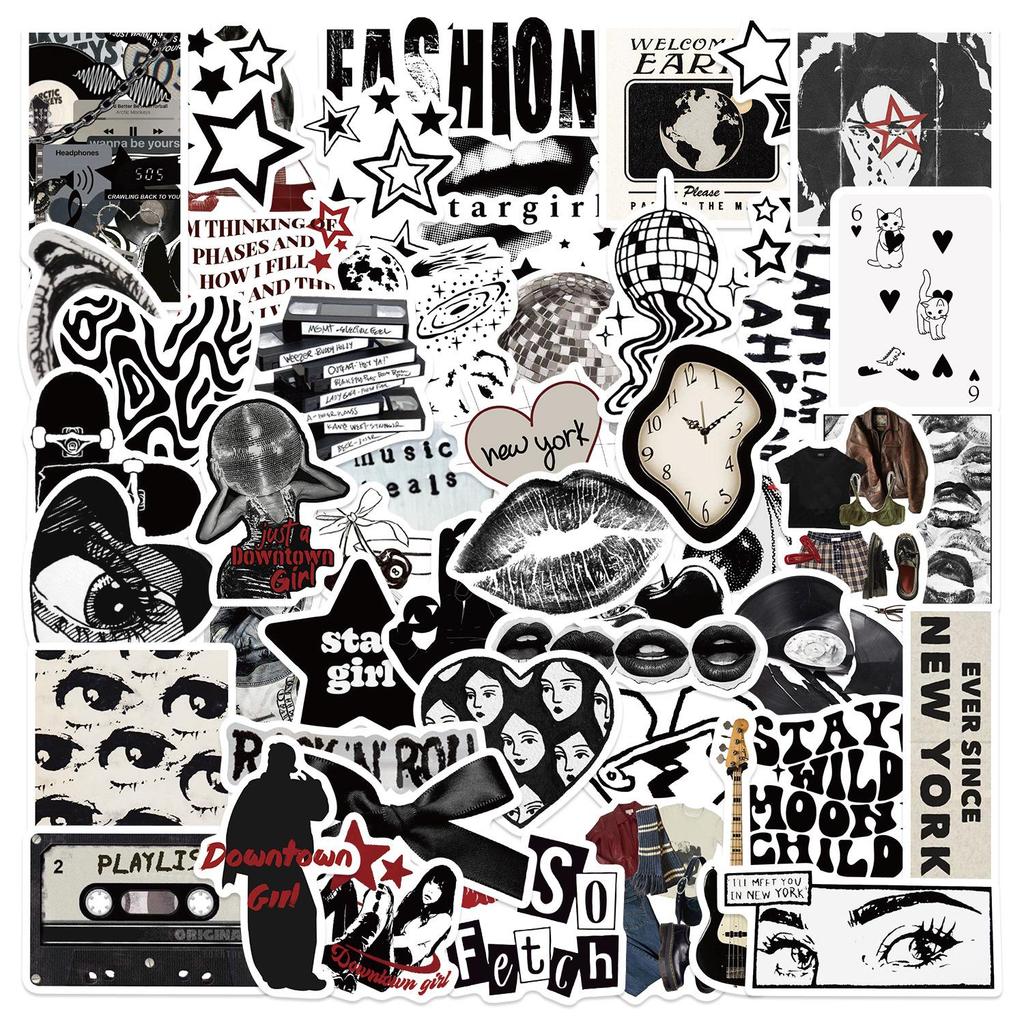 50 Y2K Black & White Retro Journal Stickers - Waterproof Cute DIY Decoration for Suitcase & Guitar