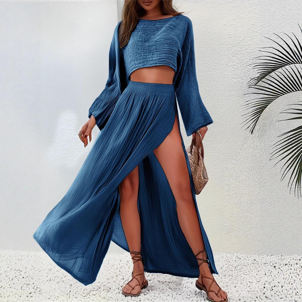 Women's Light Green Cropped Knit Top with Flared Sleeves and Matching High-Slit Maxi Skirt Set, Bohemian Style Outfit