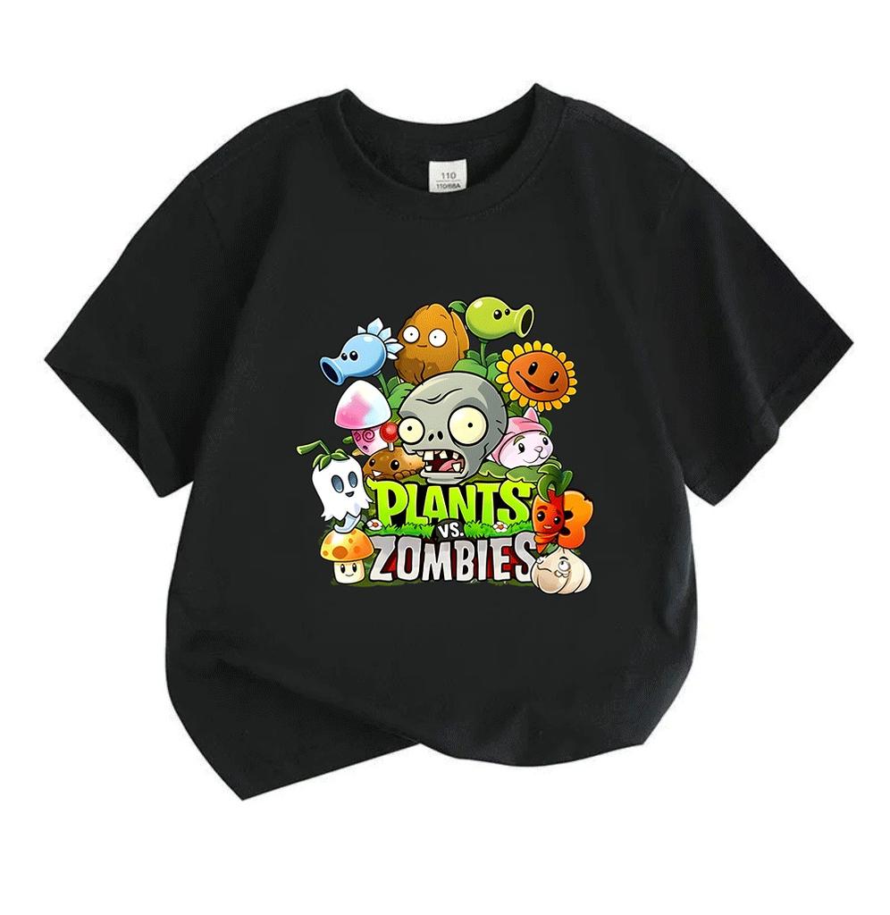 Kinder Jungen Mädchen 100% Baumwolle Kurzarm Rundhals T-Shirt Niedliches Cartoon Pflanzen Zombies Spiel Charakter Muster Lässiges Weiches Atmungsaktives T-Shirt für Kinder