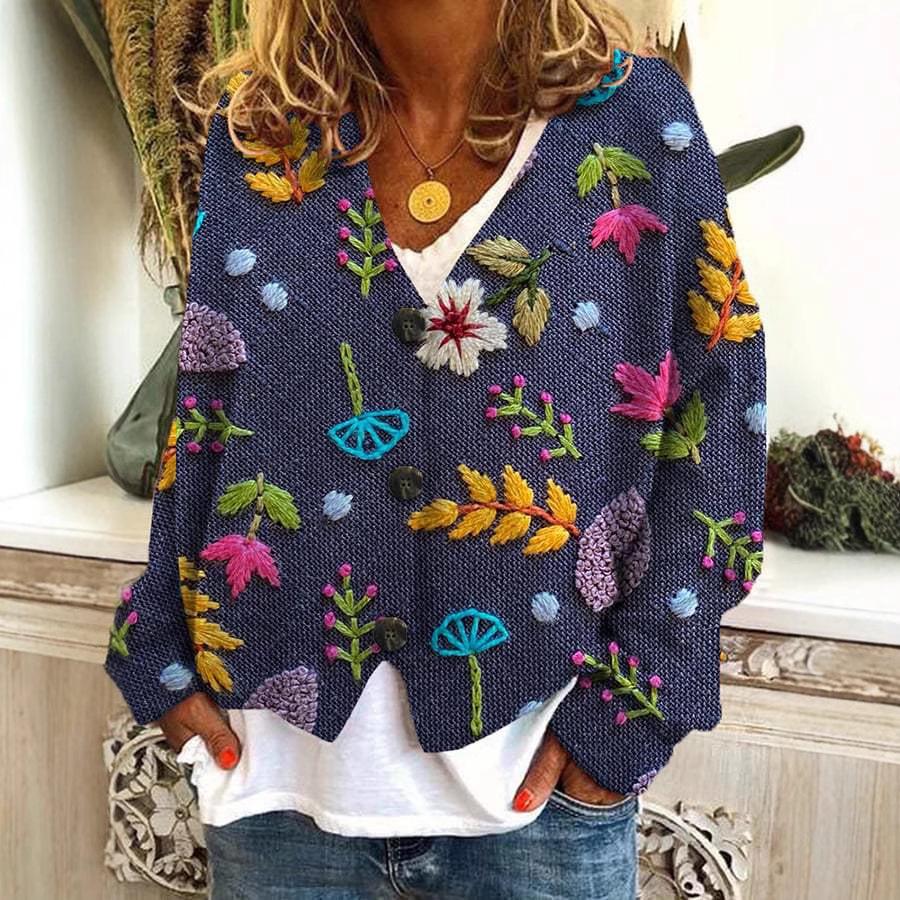 2026 Trending Women's Digital Print V-Neck Cardigan Sweater - Short, Long-Sleeve Design