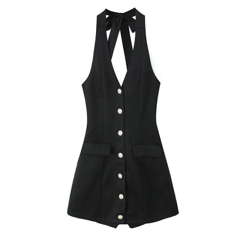 

Kaslead Новое поступление Женская одежда Модный стиль Минималистичный Французский Элегантный Ретро Молодежный Холтер V-образный вырез Платье Black L