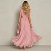 Vestido Largo de Gasa con Cuello Alto y Ribete de Encaje para Mujer, Mangas Cortas Abullonadas, Abertura Frontal, Cintura Plisada, Dobladillo Fluido, Elegante Vestido Largo