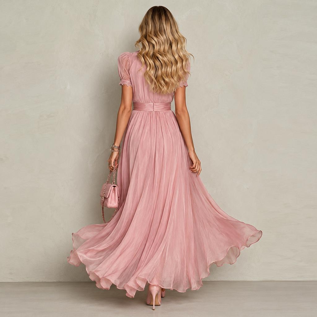 Vestido Largo de Gasa con Cuello Alto y Ribete de Encaje para Mujer, Mangas Cortas Abullonadas, Abertura Frontal, Cintura Plisada, Dobladillo Fluido, Elegante Vestido Largo