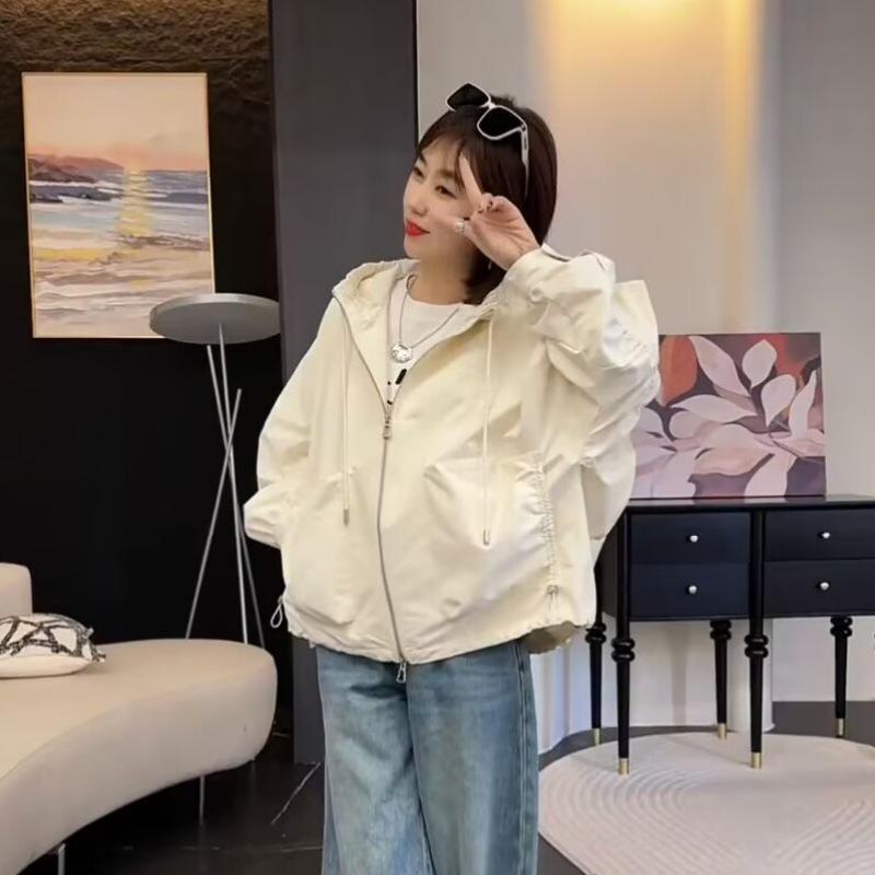 2025 Spring Women's Petite Hooded Windbreaker: Loose Fit, Solid Color, Long Sleeve Jacket.