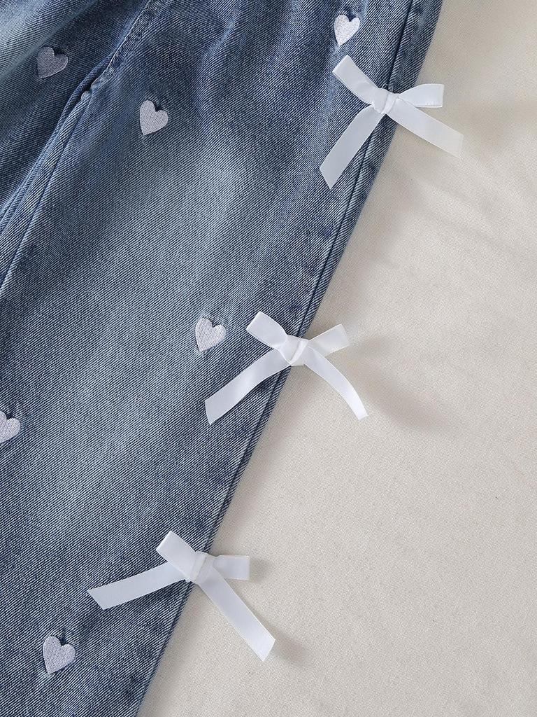 Single-piece Girls' Jeans, Trendy, Casual, Versatile, Cute, 3D Embroidered with Bows and Hearts, Straight Leg, Spring/summer.