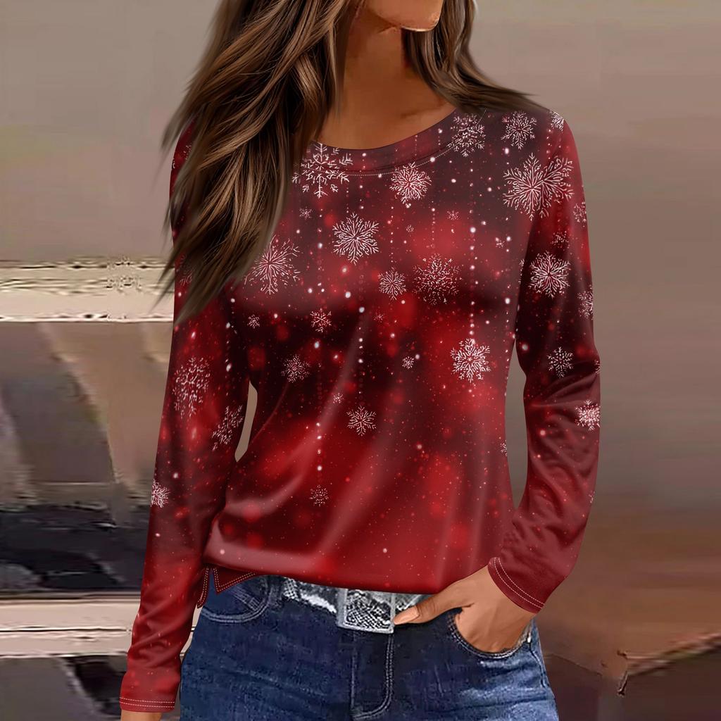 Women's Fashion Casual Slit Hem Round Neck Long Sleeve Loose Printed T-Shirt Ladies Top Christmas