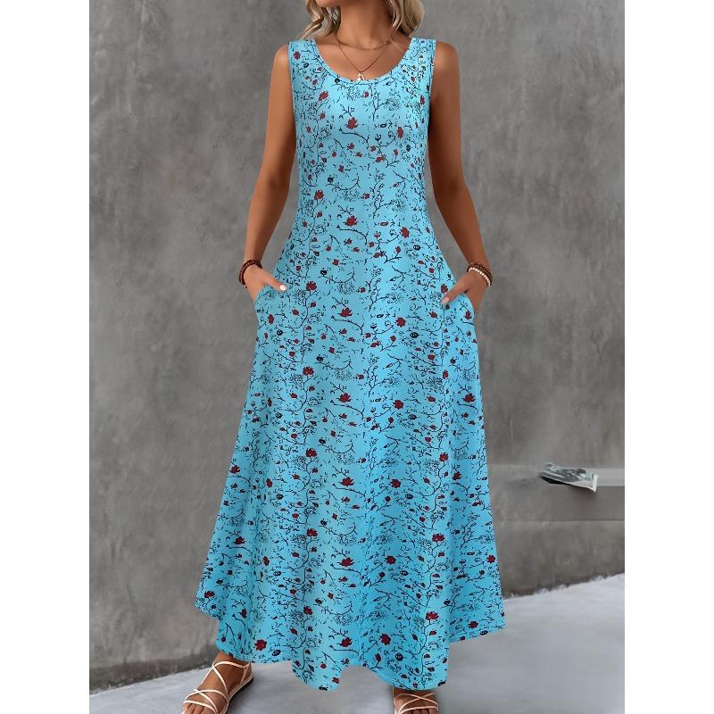 JKASHDK Women's Fashion Summer Spring Flower Pattern Print Sleeveless O-Neck Loose Waistline Casual Dresses